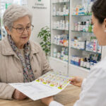 Farmacéutica preparando un sistema personalizado de dosificación SPD para una paciente mayor en una farmacia rural