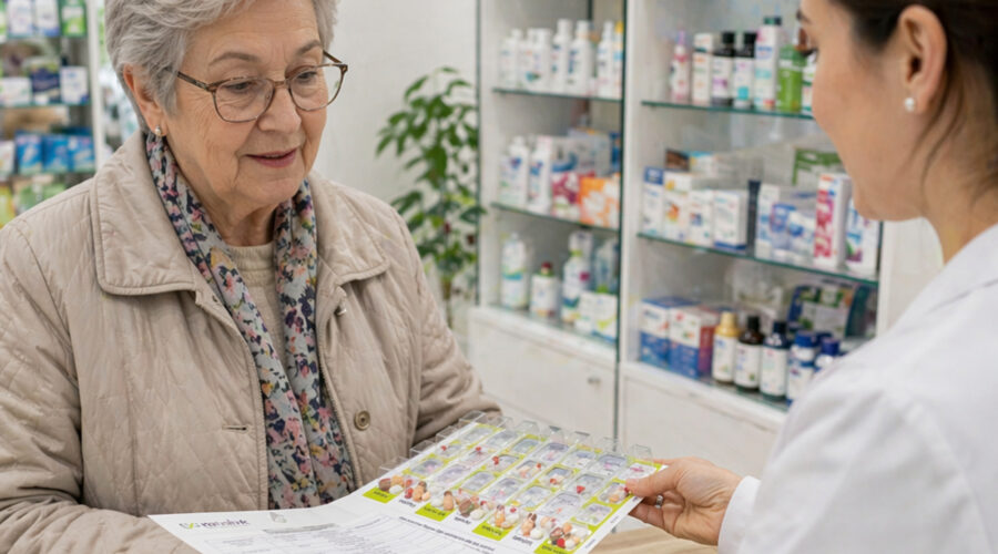 Farmacéutica preparando un sistema personalizado de dosificación SPD para una paciente mayor en una farmacia rural