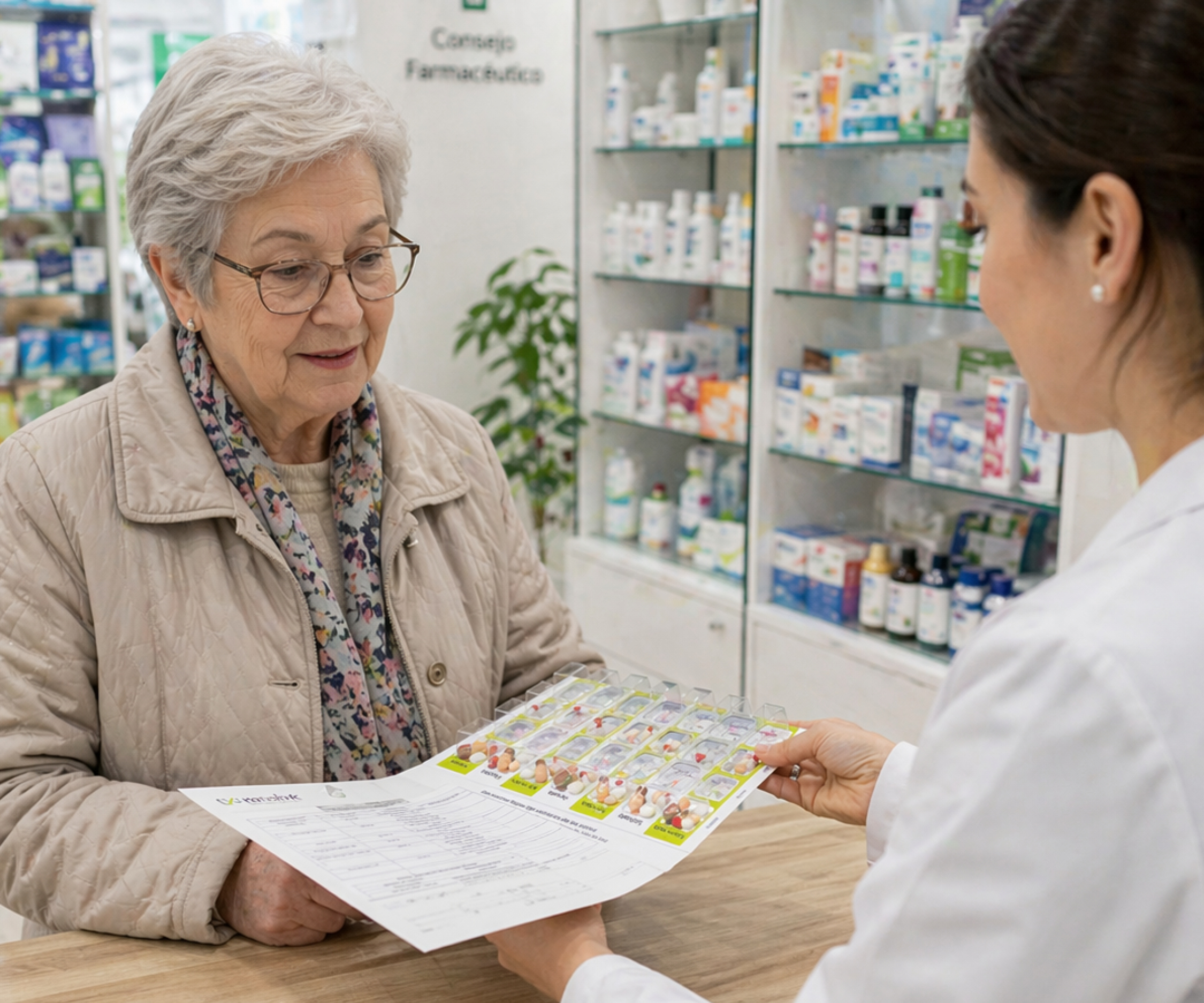 Farmacéutica preparando un sistema personalizado de dosificación SPD para una paciente mayor en una farmacia rural